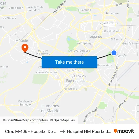 Ctra. M-406 - Hospital De Getafe to Hospital HM Puerta del Sur map