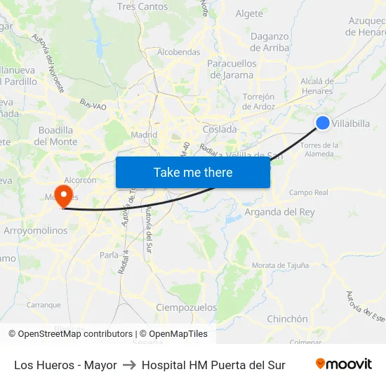 Los Hueros - Mayor to Hospital HM Puerta del Sur map