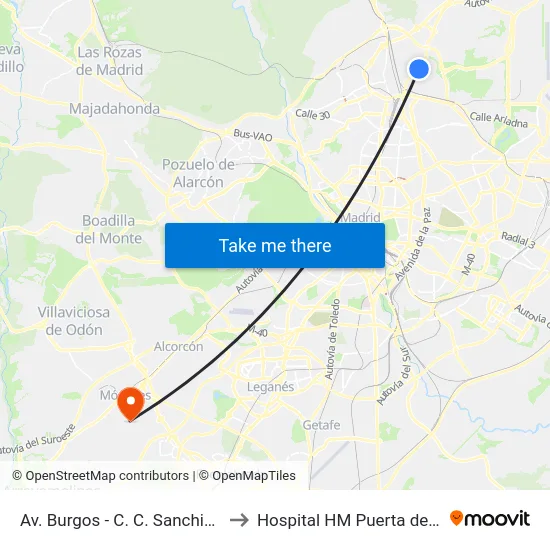 Av. Burgos - C. C. Sanchinarro to Hospital HM Puerta del Sur map