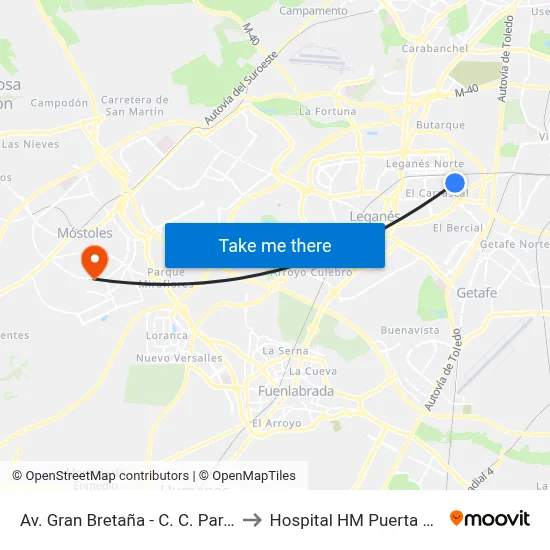 Av. Gran Bretaña - C. C. Parquesur to Hospital HM Puerta del Sur map