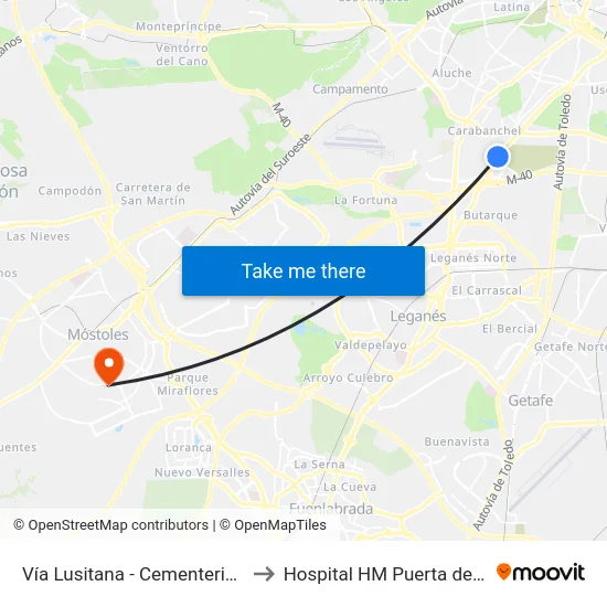 Vía Lusitana - Cementerio Sur to Hospital HM Puerta del Sur map