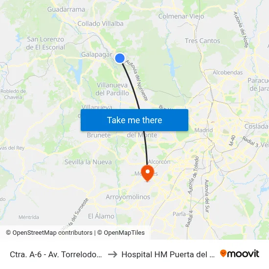 Ctra. A-6 - Av. Torrelodones to Hospital HM Puerta del Sur map