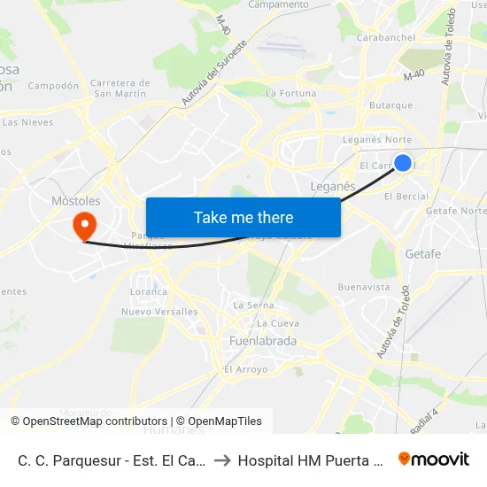 C. C. Parquesur - Est. El Carrascal to Hospital HM Puerta del Sur map