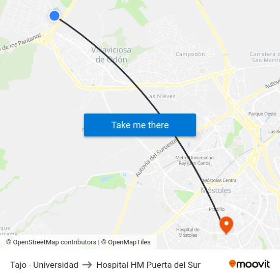Tajo - Universidad to Hospital HM Puerta del Sur map