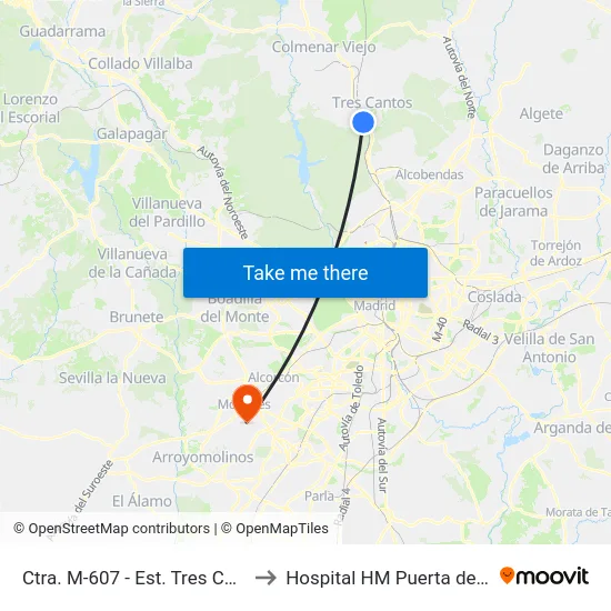 Ctra. M-607 - Est. Tres Cantos to Hospital HM Puerta del Sur map