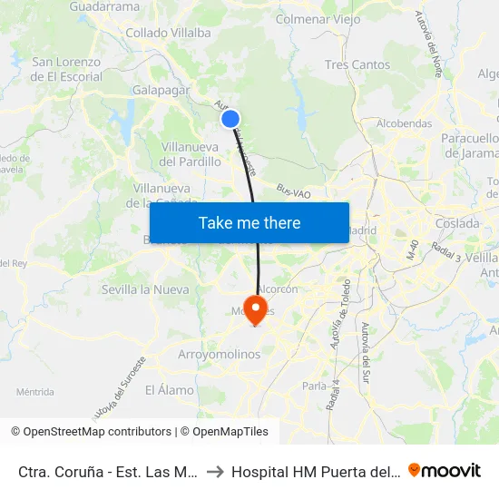 Ctra. Coruña - Est. Las Matas to Hospital HM Puerta del Sur map