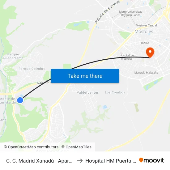 C. C. Madrid Xanadú - Aparcamiento to Hospital HM Puerta del Sur map