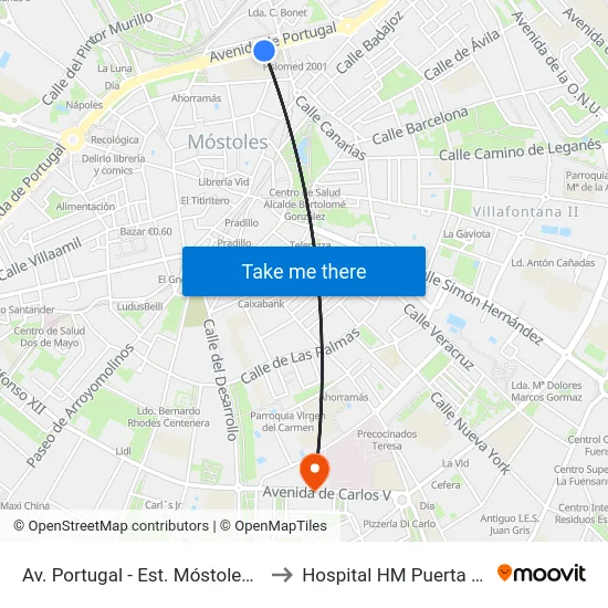 Av. Portugal - Est. Móstoles Central to Hospital HM Puerta del Sur map