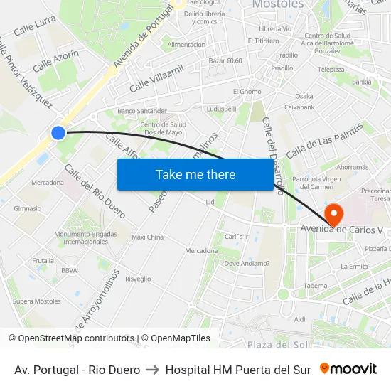 Av. Portugal - Rio Duero to Hospital HM Puerta del Sur map