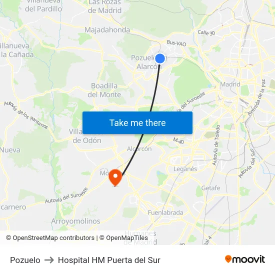 Pozuelo to Hospital HM Puerta del Sur map