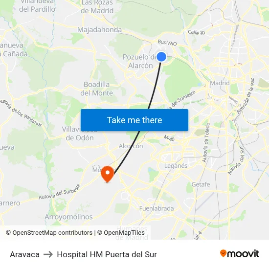 Aravaca to Hospital HM Puerta del Sur map
