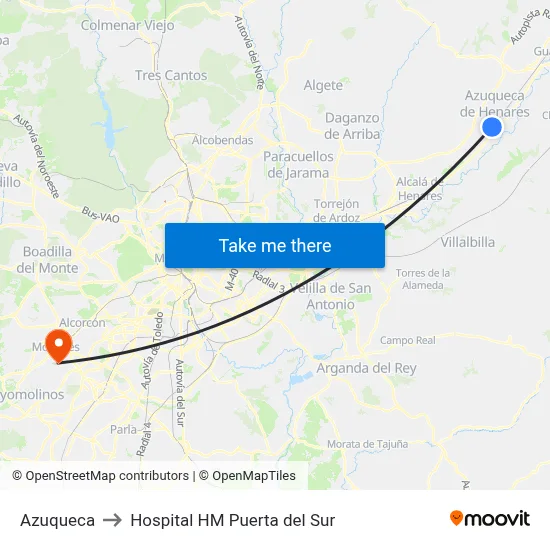 Azuqueca to Hospital HM Puerta del Sur map
