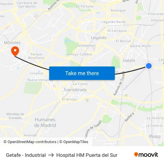 Getafe - Industrial to Hospital HM Puerta del Sur map
