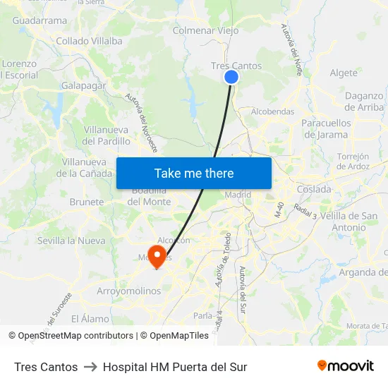 Tres Cantos to Hospital HM Puerta del Sur map