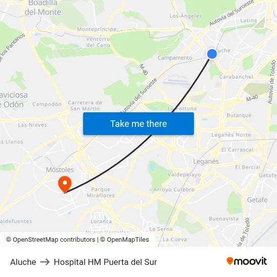 Aluche to Hospital HM Puerta del Sur map