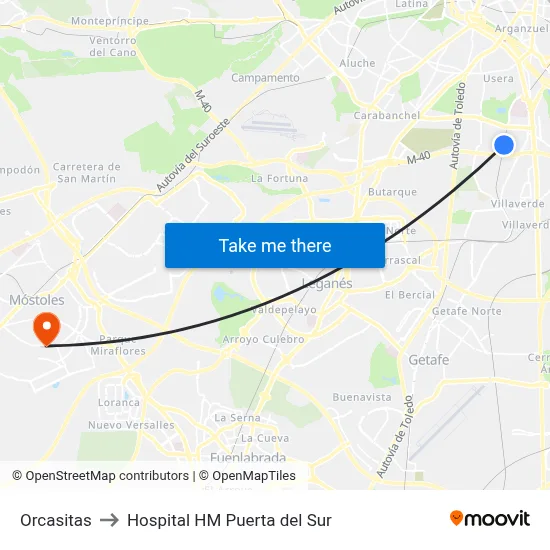 Orcasitas to Hospital HM Puerta del Sur map