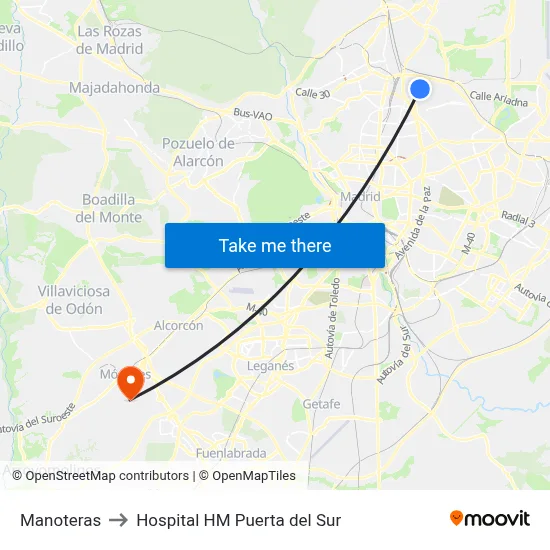 Manoteras to Hospital HM Puerta del Sur map
