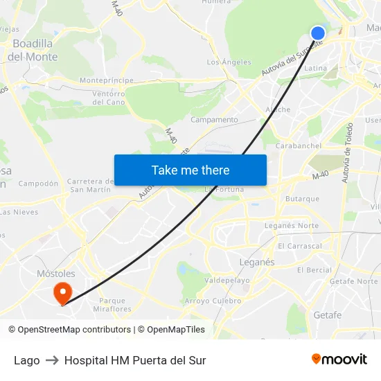 Lago to Hospital HM Puerta del Sur map