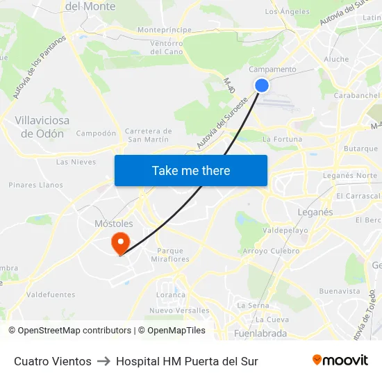 Cuatro Vientos to Hospital HM Puerta del Sur map