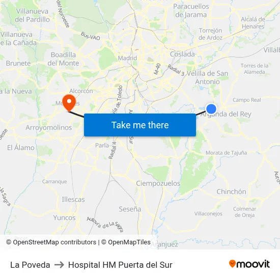 La Poveda to Hospital HM Puerta del Sur map