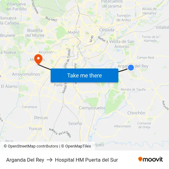 Arganda Del Rey to Hospital HM Puerta del Sur map