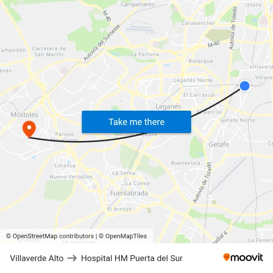 Villaverde Alto to Hospital HM Puerta del Sur map