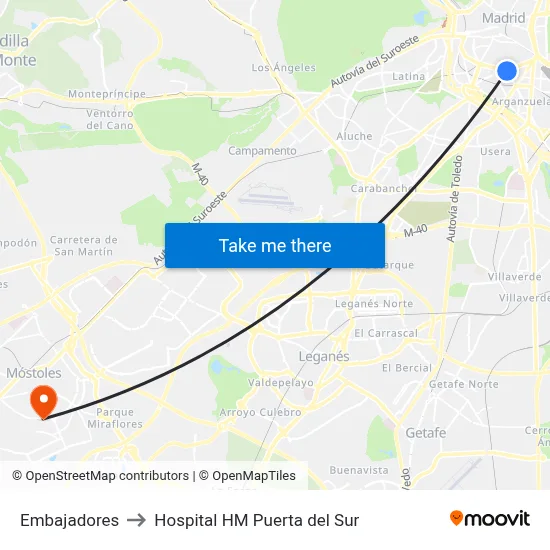 Embajadores to Hospital HM Puerta del Sur map