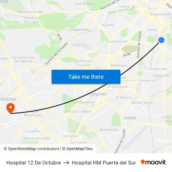 Hospital 12 De Octubre to Hospital HM Puerta del Sur map