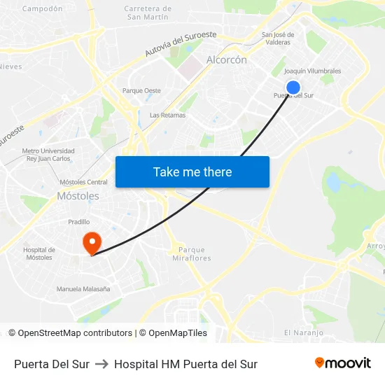 Puerta Del Sur to Hospital HM Puerta del Sur map