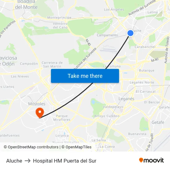 Aluche to Hospital HM Puerta del Sur map