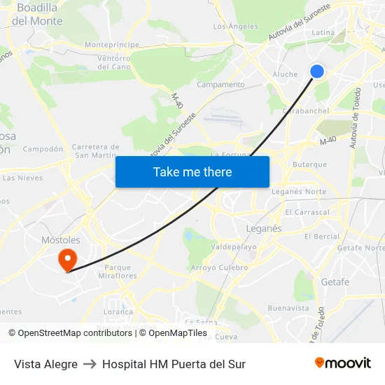 Vista Alegre to Hospital HM Puerta del Sur map