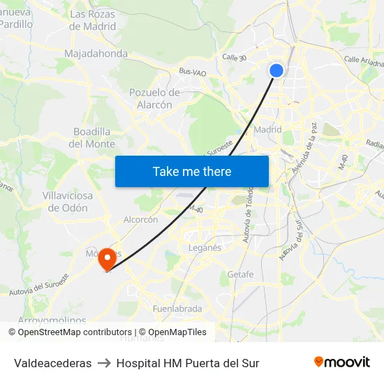 Valdeacederas to Hospital HM Puerta del Sur map