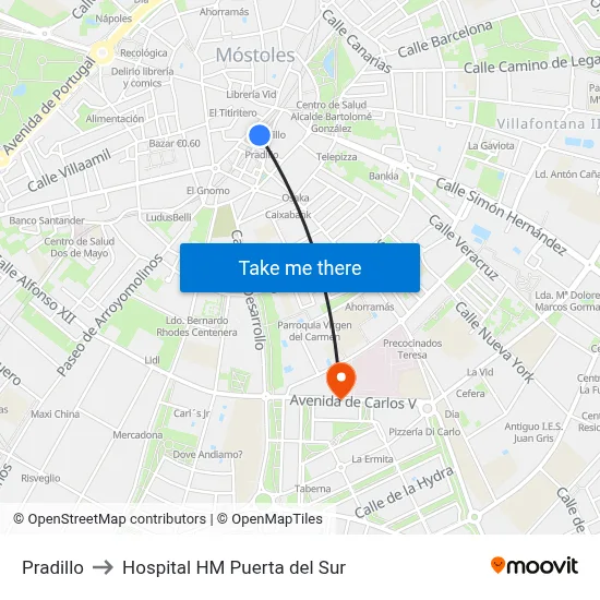 Pradillo to Hospital HM Puerta del Sur map