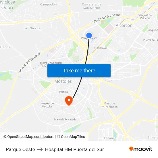 Parque Oeste to Hospital HM Puerta del Sur map