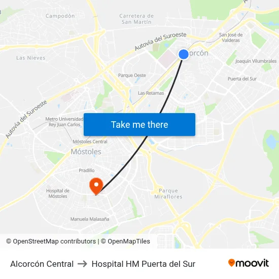 Alcorcón Central to Hospital HM Puerta del Sur map