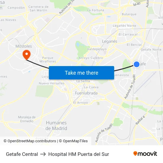 Getafe Central to Hospital HM Puerta del Sur map
