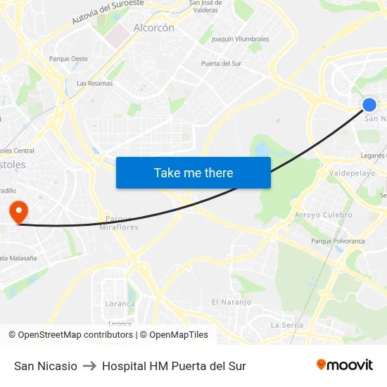 San Nicasio to Hospital HM Puerta del Sur map