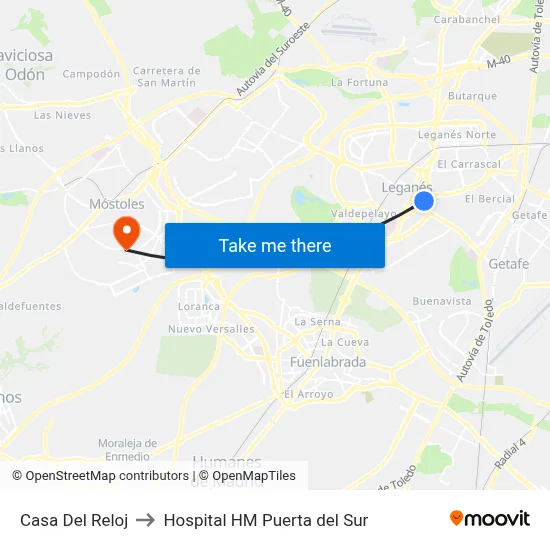 Casa Del Reloj to Hospital HM Puerta del Sur map
