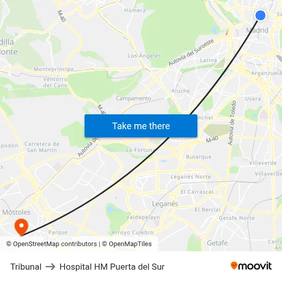 Tribunal to Hospital HM Puerta del Sur map