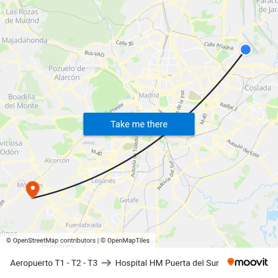Aeropuerto T1 - T2 - T3 to Hospital HM Puerta del Sur map