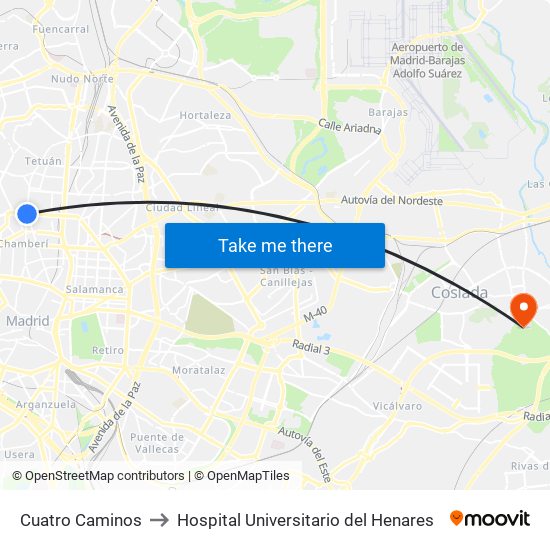 Cuatro Caminos to Hospital Universitario del Henares map