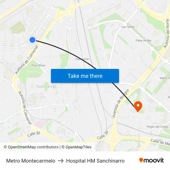 Metro Montecarmelo to Hospital HM Sanchinarro map