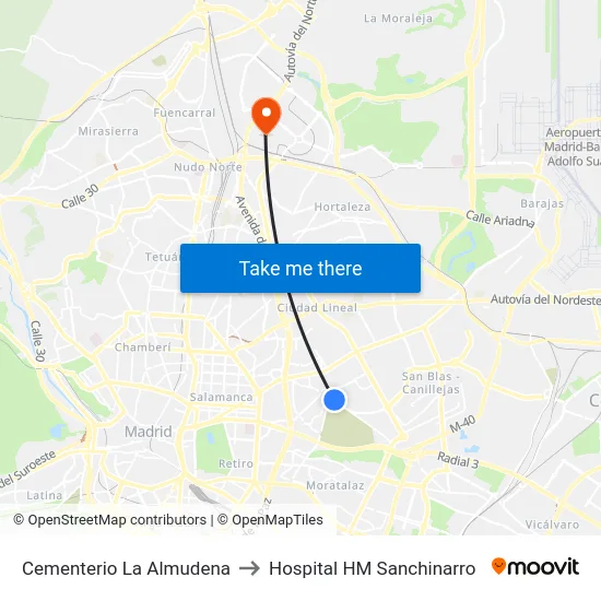 Cementerio La Almudena to Hospital HM Sanchinarro map