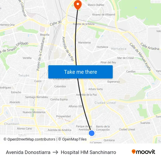 Avenida Donostiarra to Hospital HM Sanchinarro map