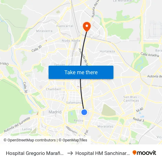 Hospital Gregorio Marañón to Hospital HM Sanchinarro map