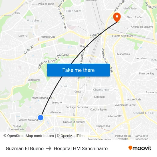 Guzmán El Bueno to Hospital HM Sanchinarro map