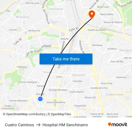 Cuatro Caminos to Hospital HM Sanchinarro map