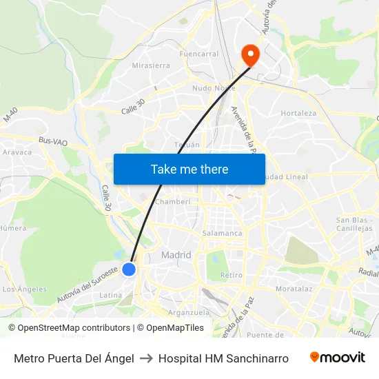 Metro Puerta Del Ángel to Hospital HM Sanchinarro map