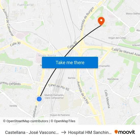 Castellana - José Vasconcelos to Hospital HM Sanchinarro map