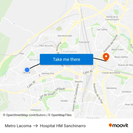 Metro Lacoma to Hospital HM Sanchinarro map